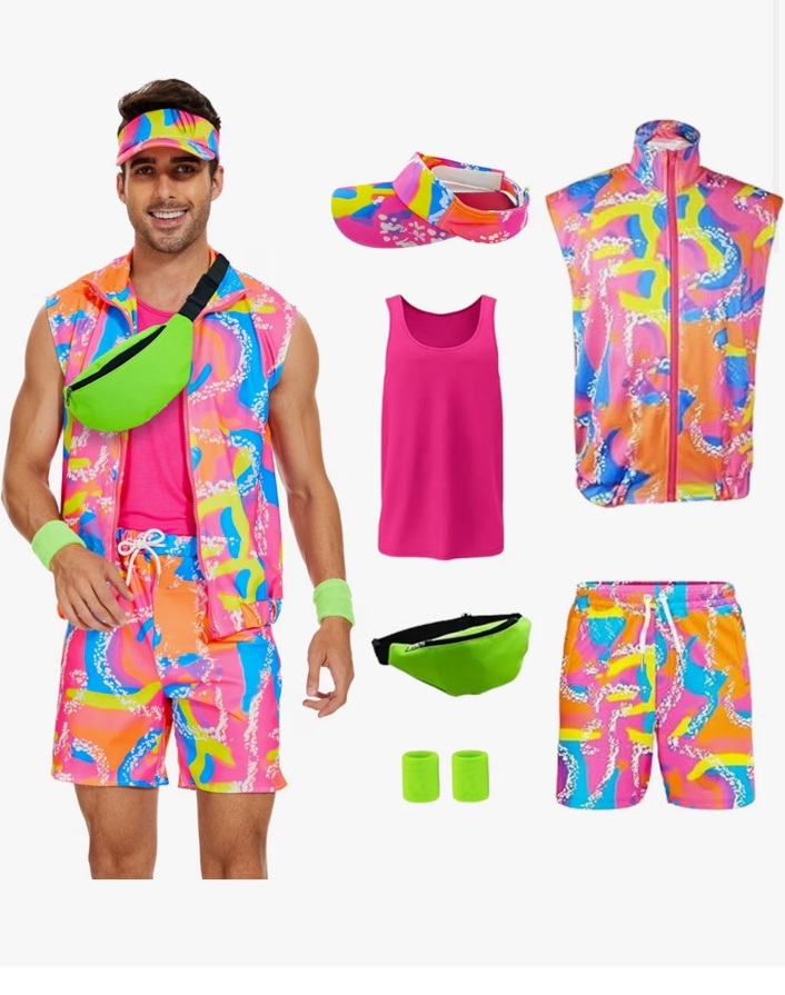 Yonroik men''s neon ’80s workout costume with patterned vest and shorts, hot pink tank, visor, wristbands and green fanny pack