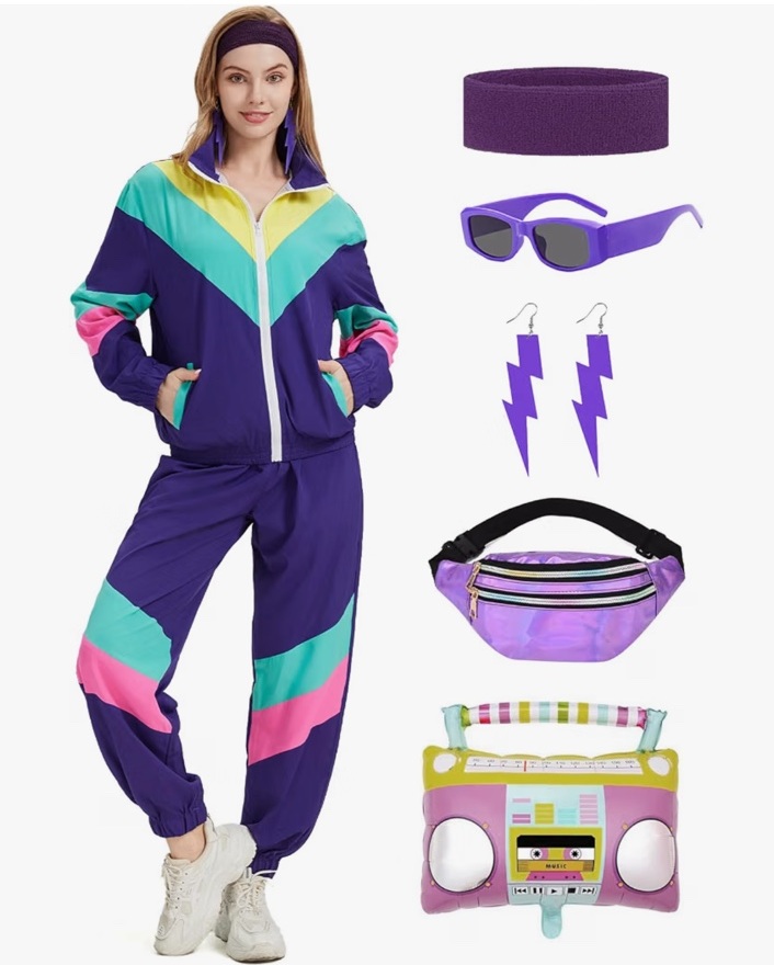 Coseaon women''s retro windbreaker tracksuit in purple, teal, pink and yellow with headband, sunglasses and fanny pack
