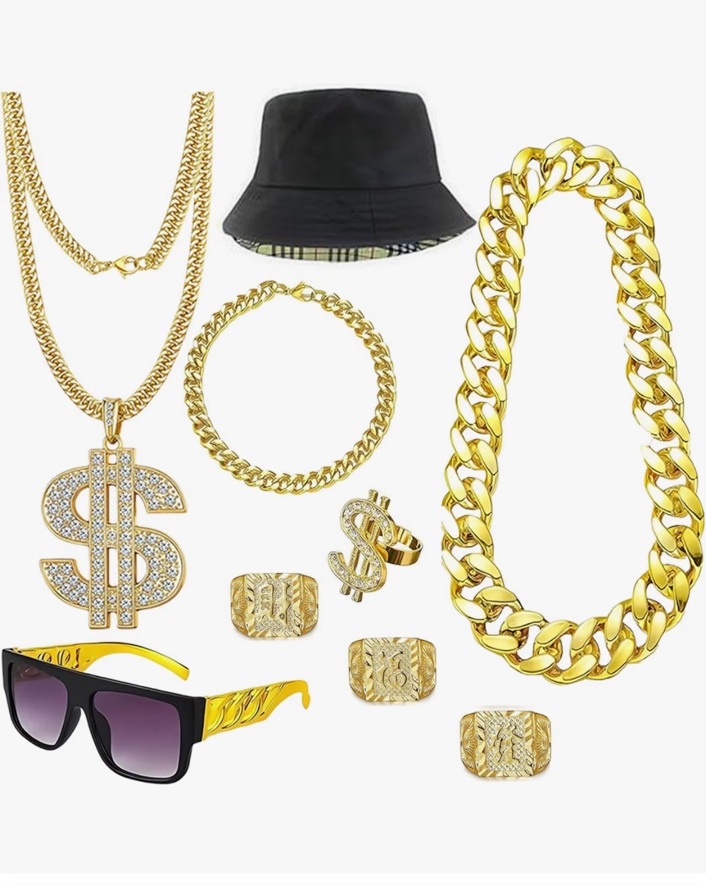 Boonbery old-school hip-hop costume kit with bucket hat, gold chains, dollar sign jewelry, rings and sunglasses