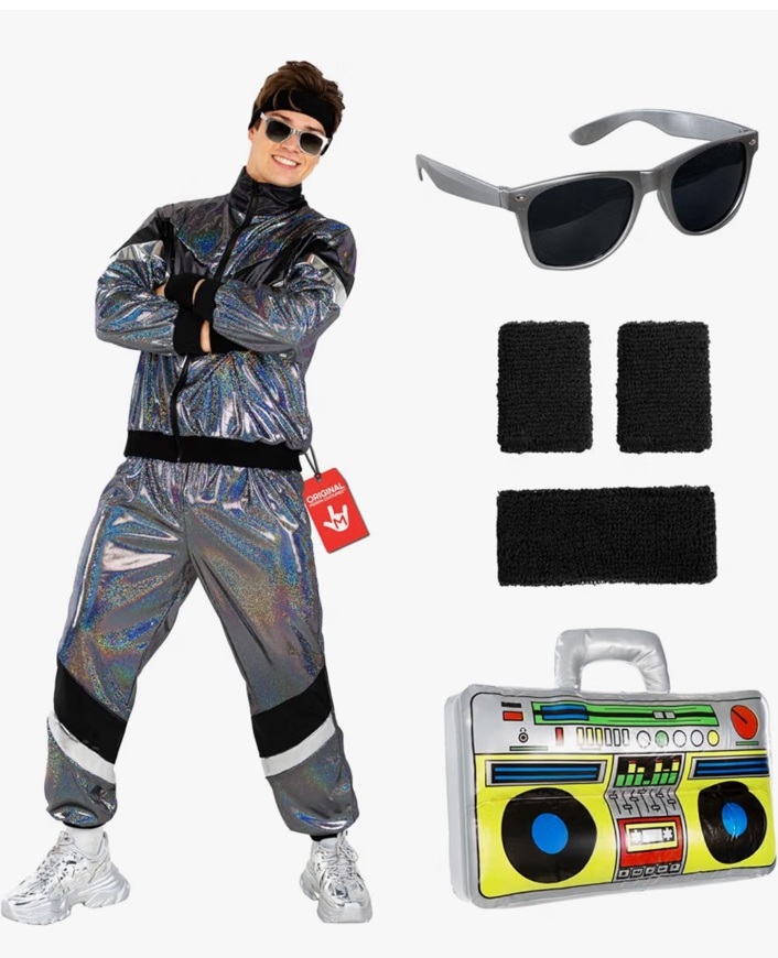 Morph metallic ’80s tracksuit with shiny jacket, matching pants, sunglasses and sweatbands