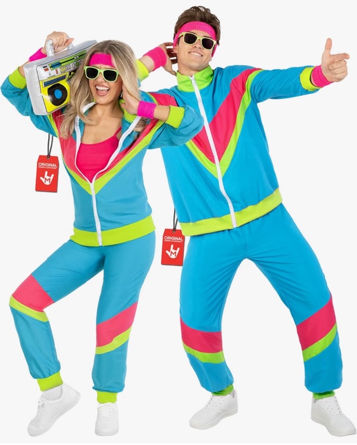 Bright retro neon tracksuit in turquoise, hot pink and neon green with matching pants and sweatbands