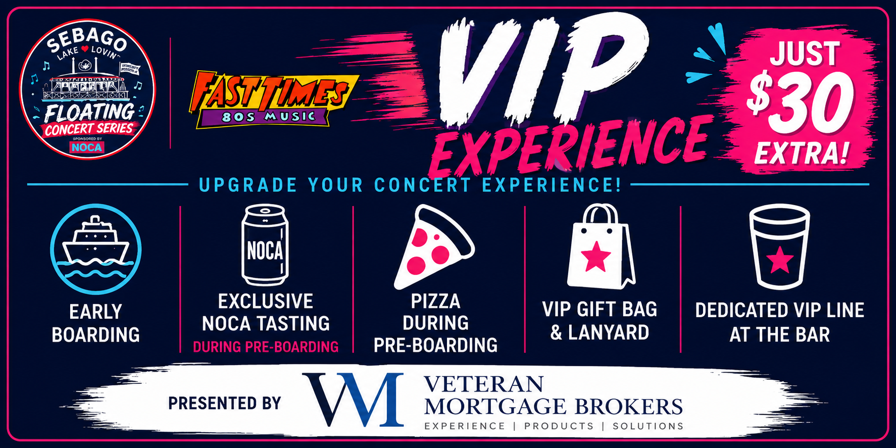 Fast Times VIP Experience, just $30 extra: early boarding, exclusive NOCA tasting, pizza during pre-boarding, VIP gift bag and lanyard, dedicated VIP line at the bar. Presented by Veteran Mortgage Brokers.