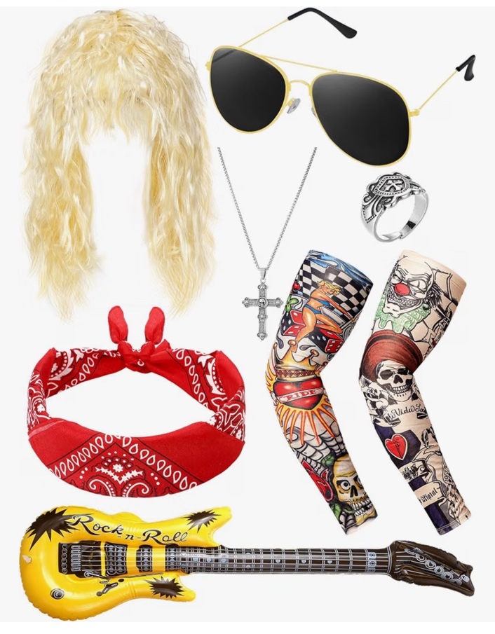 ’80s rocker costume kit with blonde rocker wig, aviator sunglasses, red bandana, tattoo sleeves, jewelry and inflatable guitar