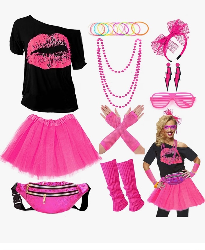RonFoxi women''s ’80s costume set with pink lips shirt, tutu, leg warmers, fishnet gloves, beads, shutter shades and lace headband