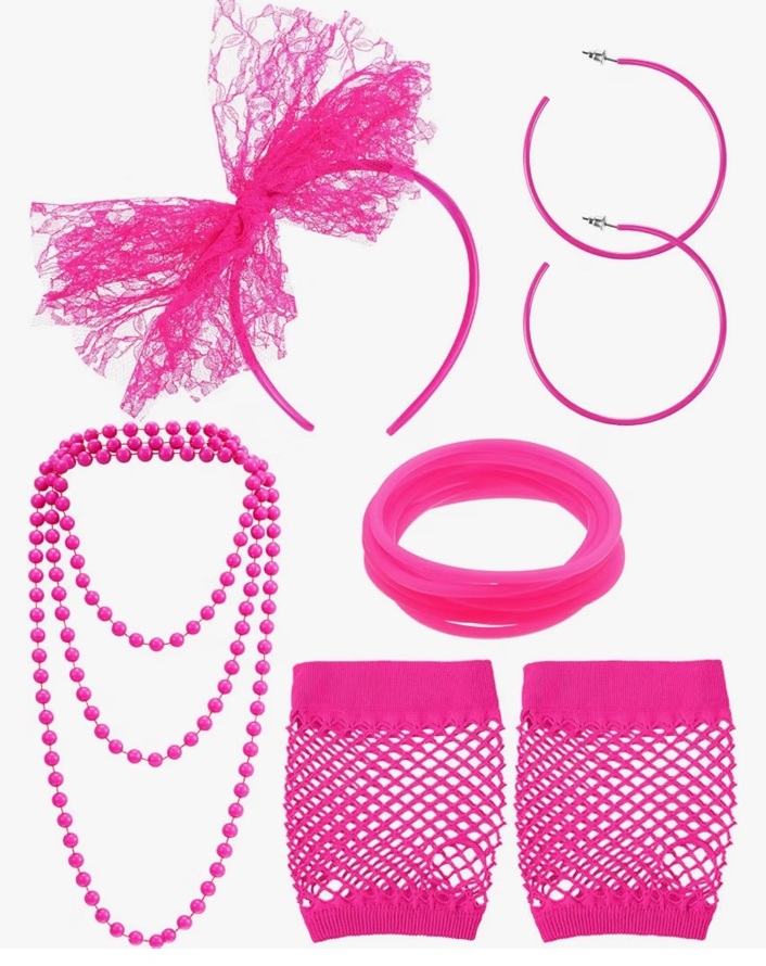 Pink ’80s accessory set with lace headband, hoop earrings, necklaces, bracelets and fishnet gloves