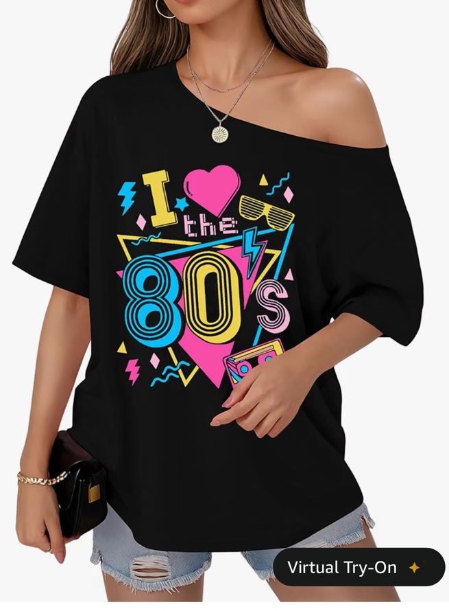 Oversized off-the-shoulder women''s shirt with a neon I Love the 80s graphic