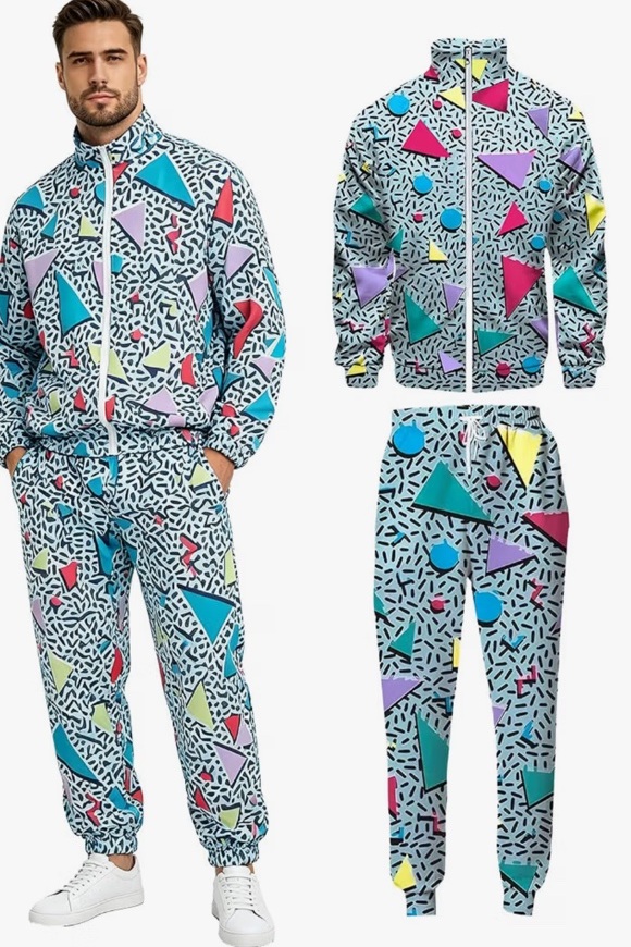 Men''s retro tracksuit with pastel geometric triangles and squiggles